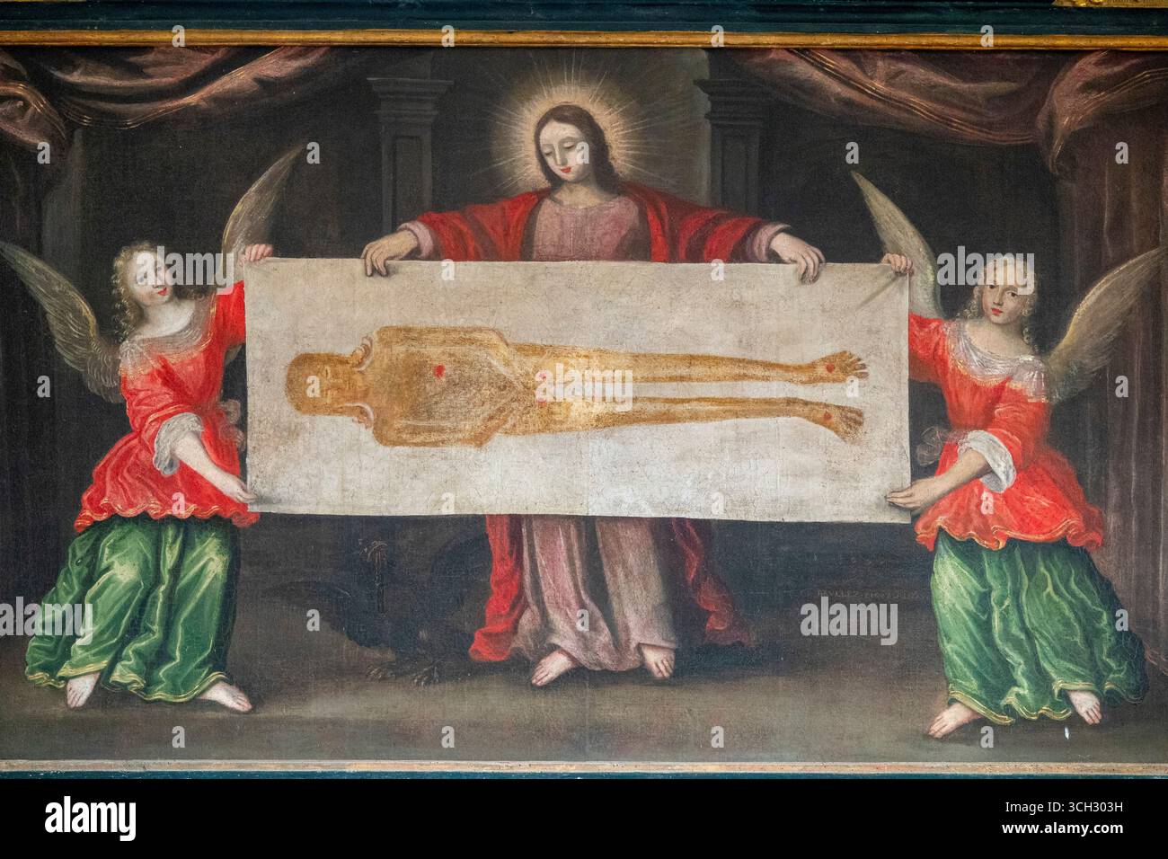 Château Chalon, France - 08-28-2025: Painting (19th century) of a representation of the Holy Shroud. Stock Photo