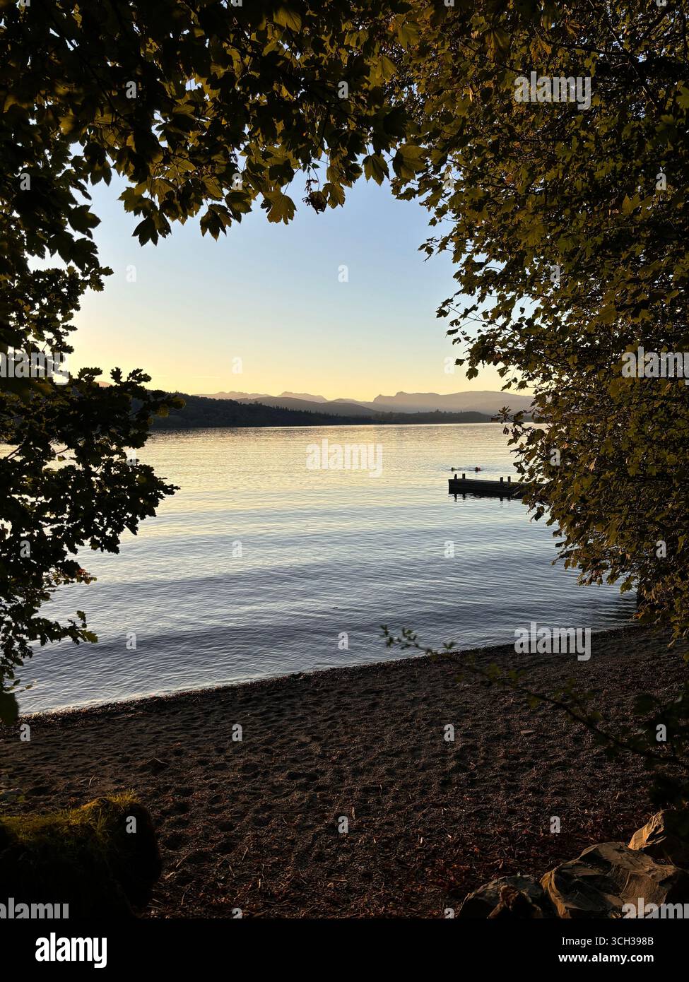 Tranquil lakeside at sunset, framed by leafy trees with a distant view of mountains and a calm shoreline. - Smartphone Captured Stock Image