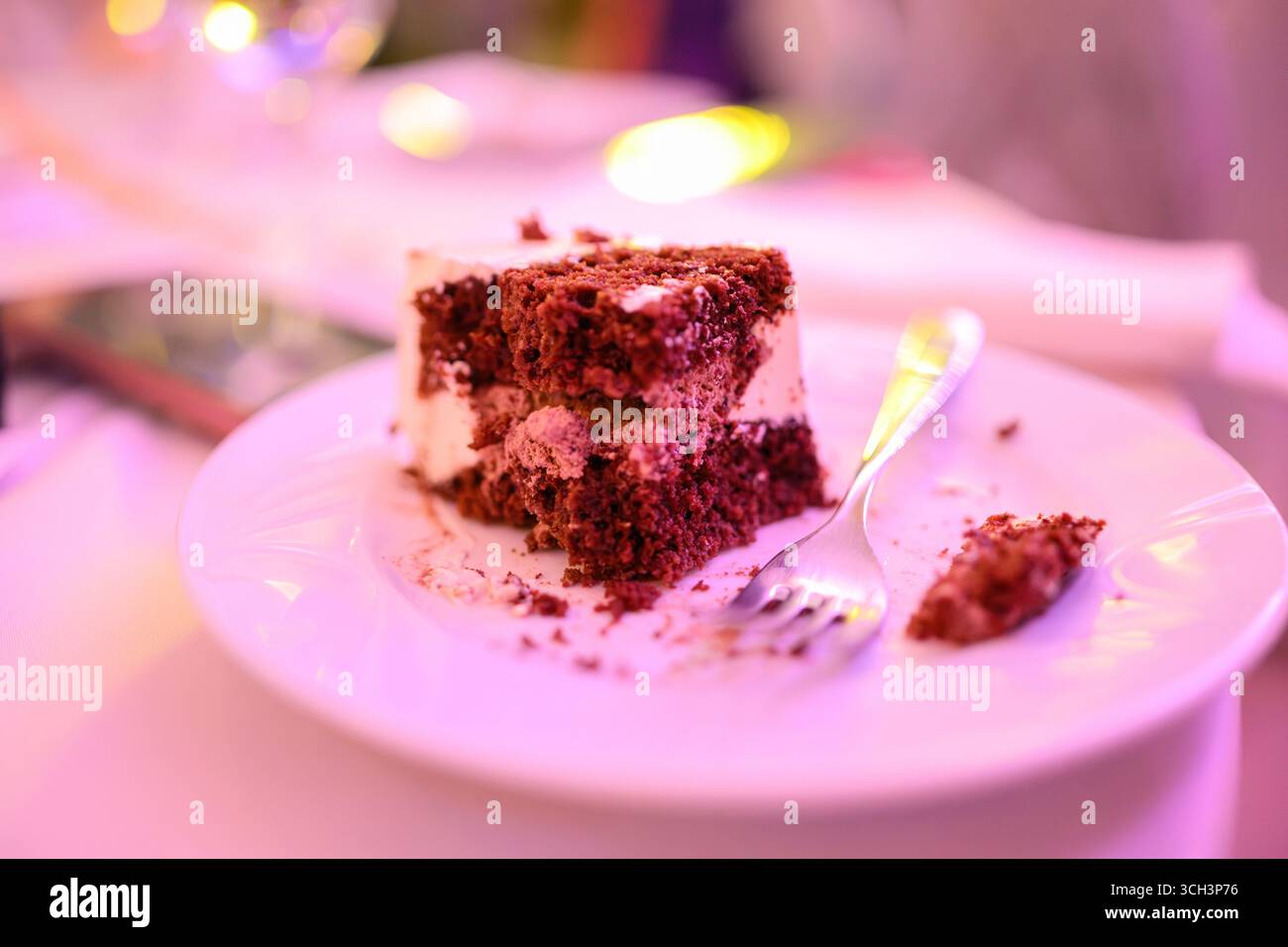 , Deutschland, 30.08.2025,  Ein Stück Schokoladenkuchen auf einem Teller – Dessert bei einer festlichen Feier oder Hochzeit. Stock Photo
