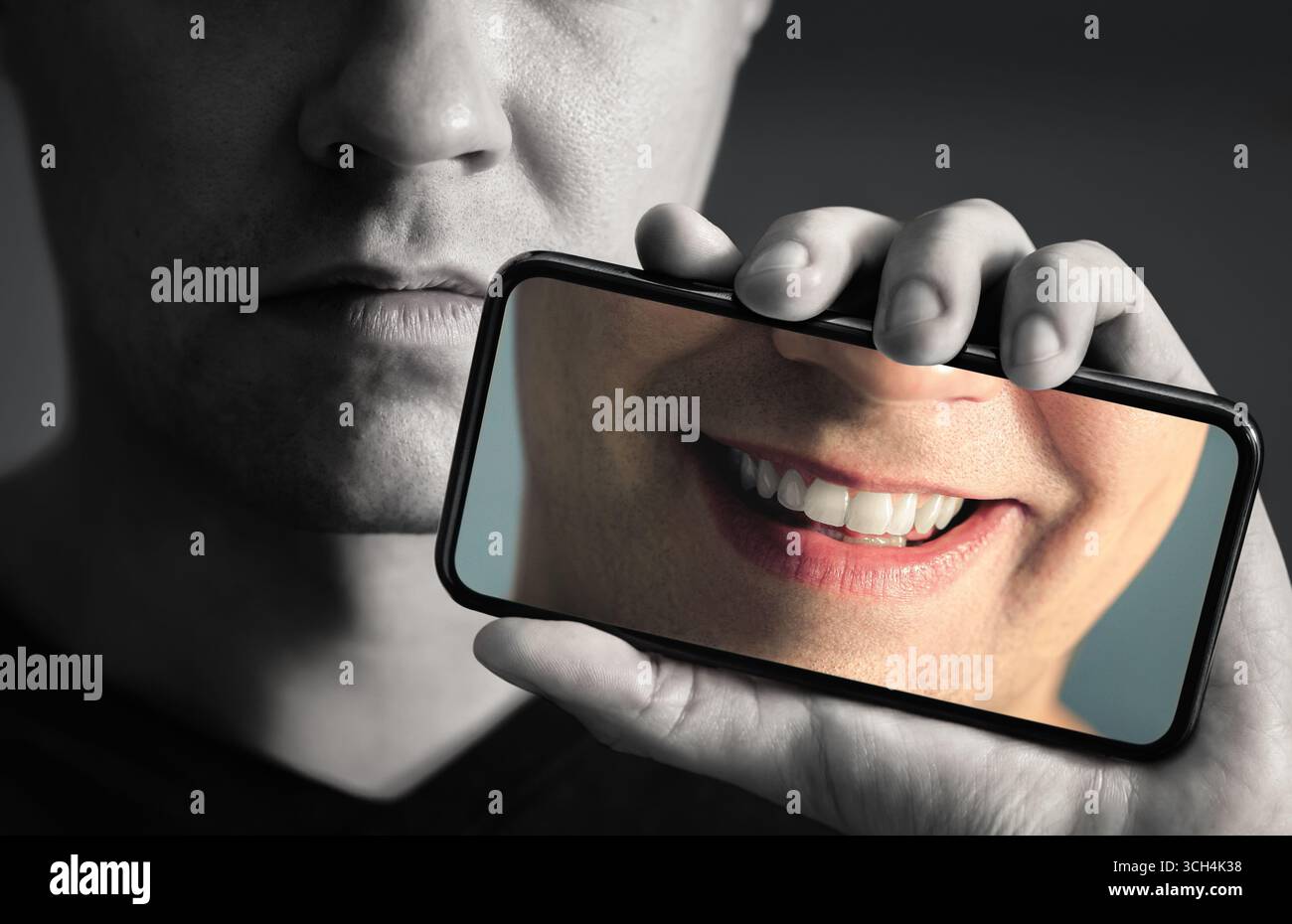 Bipolar, sad, happy face in phone. Mood change, mental disorder, or personality swing. Fake smile. Therapy recovery from depression. Stock Photo