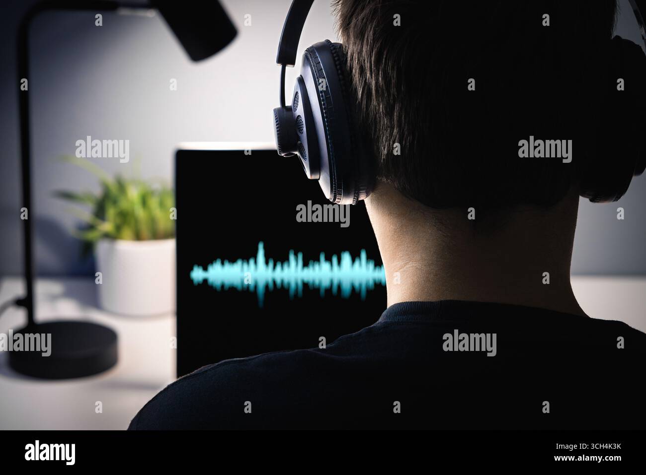 AI deepfake voice scam. Deep fake clone. Music or sound generator. Espionage, fbi police wiretap or audio intelligence. Producer editing. Stock Photo