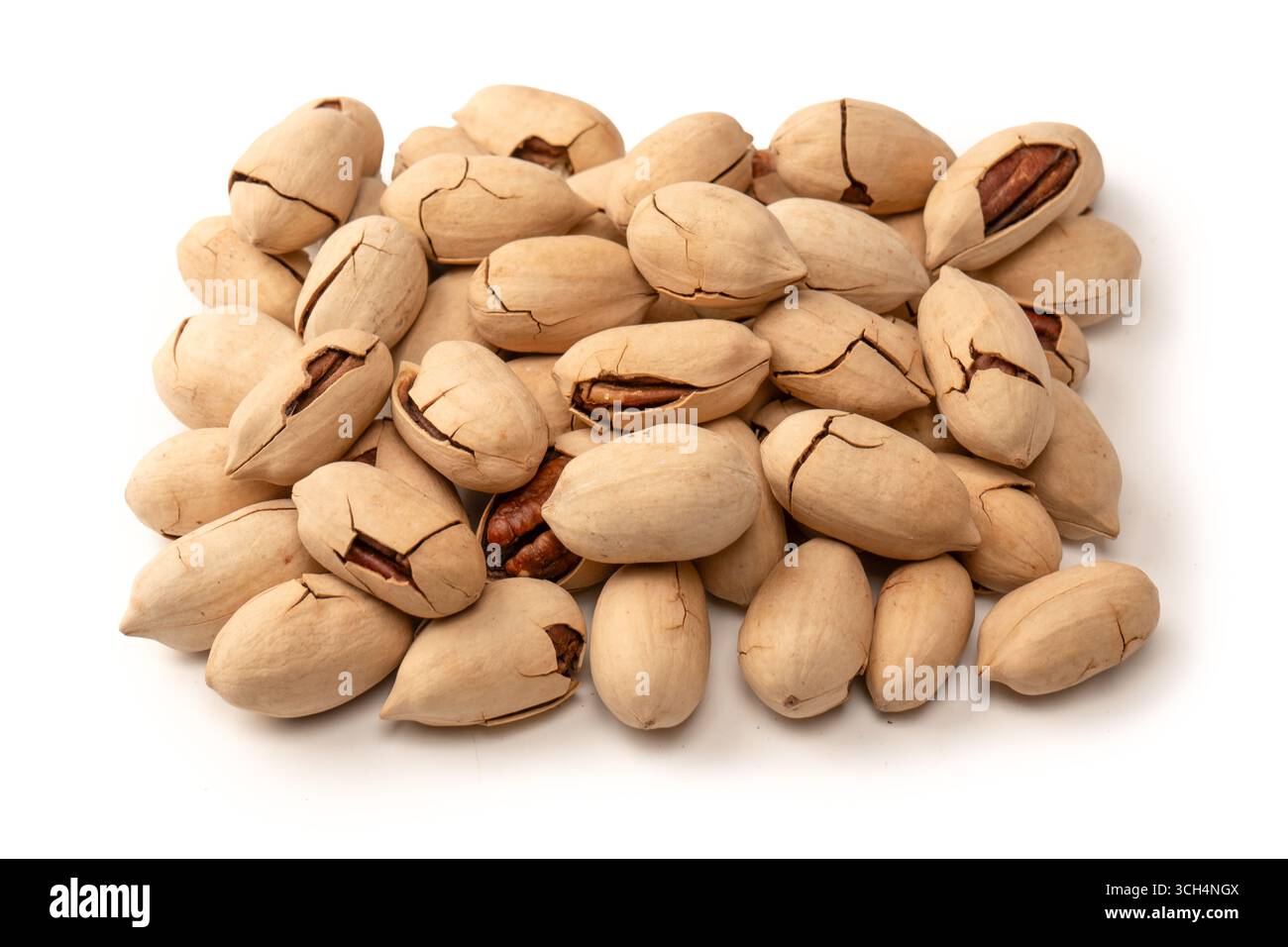 Pecan-nut in a shell isolated on white background. Top view. Stock Photo