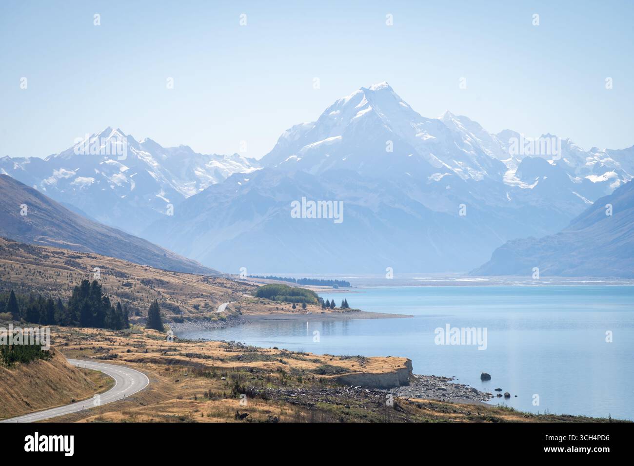 Beautiful alpine landscape with glacial lake, huge glaciers and mountains, Mt Cook, New Zealand Stock Photo