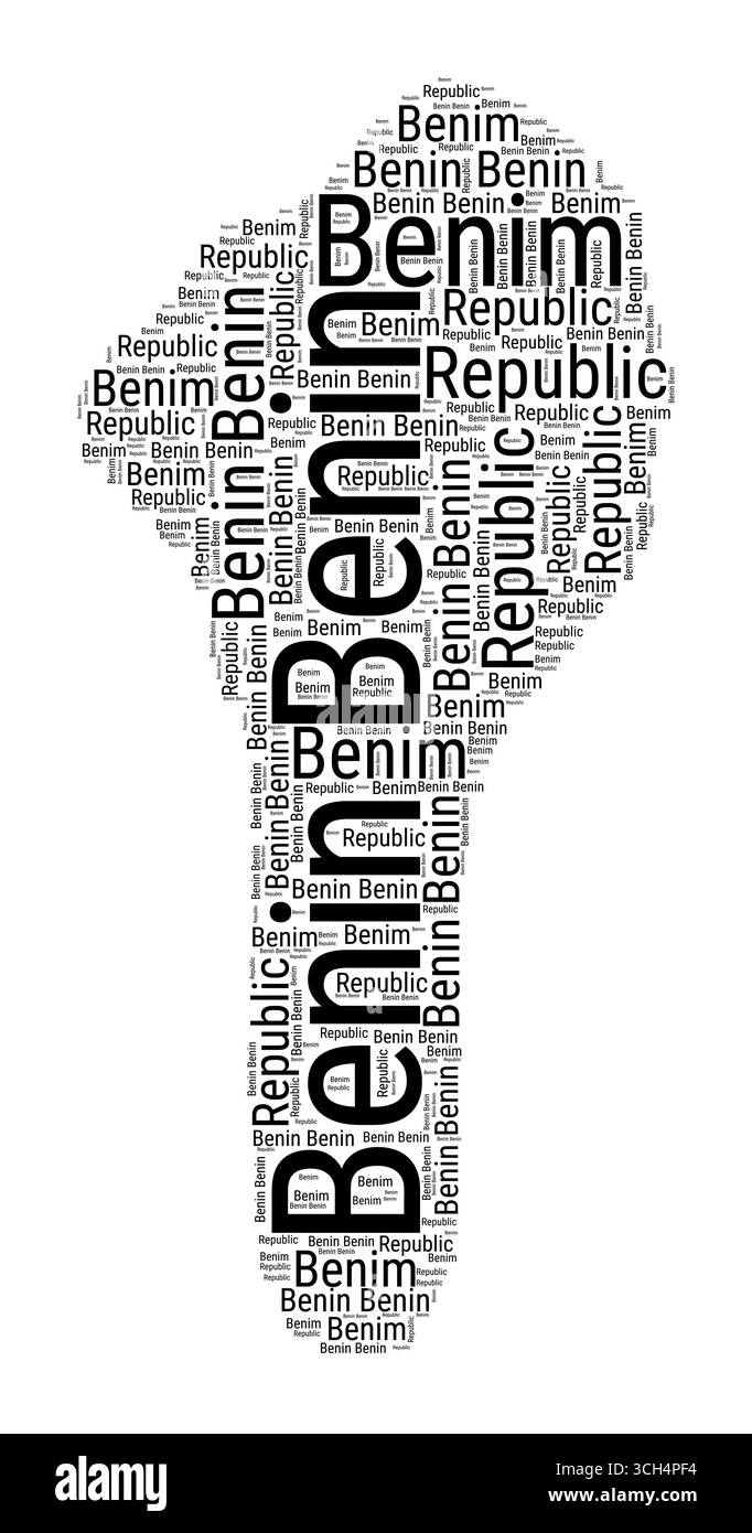 Black and white word cloud in the shape of Benin. Simple typography style country illustration. Plain Benin black text cloud on a white background. Stock Vector