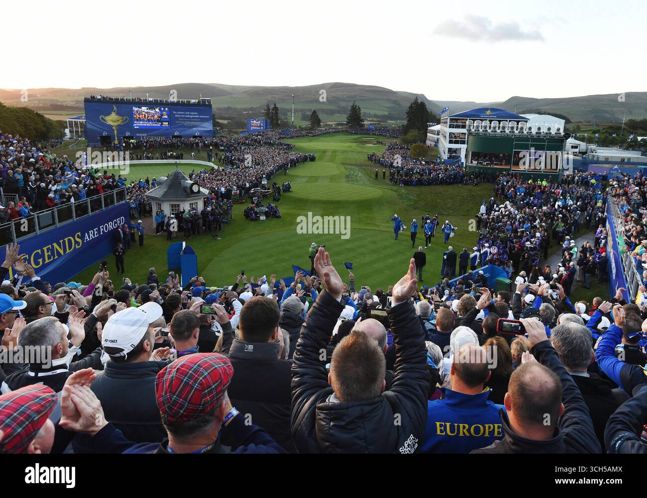 Sep 26, 2014;  Gleneagles, Perthshire, SCT; Europeans Henrik Stenson and Justin Rose walk out on to the first tee during the morning fourballs for the 2014 Ryder Cup at The Gleneagles Hotel-PGA Centenary Course. Stock Photo
