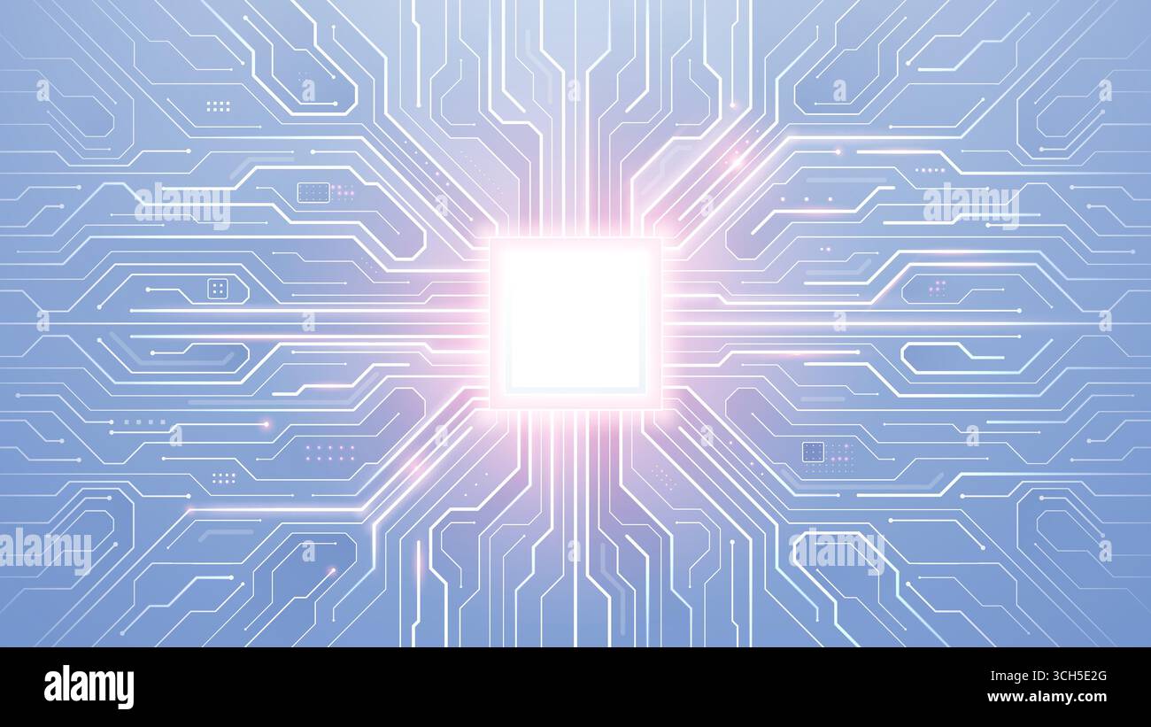 AI chip glows bright white and pink neon light. Tech background.  Stock Vector