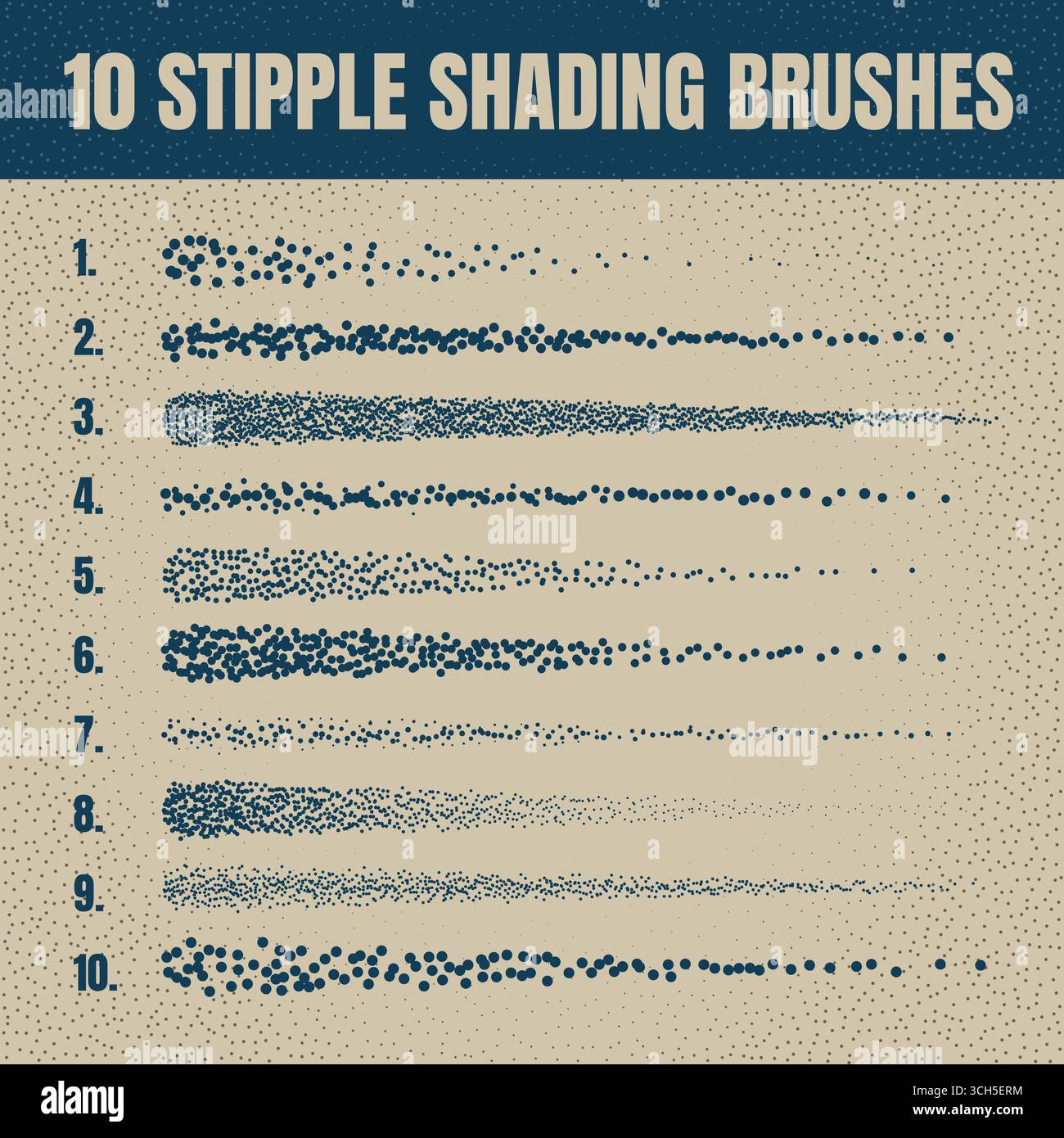 Ink scatter brush, stipple drawing and texturing. Fading gradient. Stippling, dotwork drawing, shading using dots. Halftone disintegration effect Stock Vector