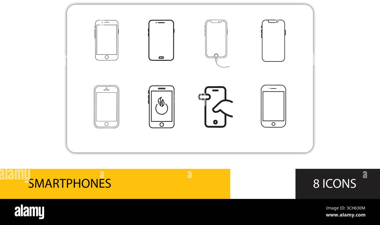 Eight Minimalist Smartphone Icons: Outline Style, Modern Device Illustrations, Clean Design Stock Vector