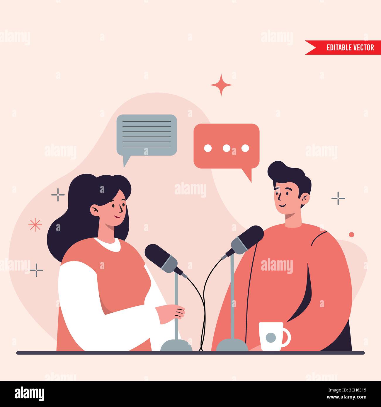 Podcast Interview: Two Individuals Discussing a Topic with Microphones Stock Vector