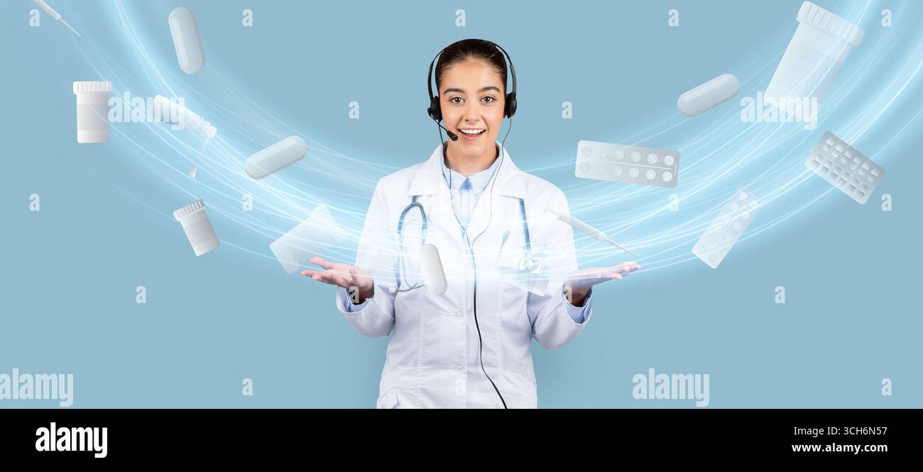 Healthcare pro engages patients with tech and medication visuals Stock ...