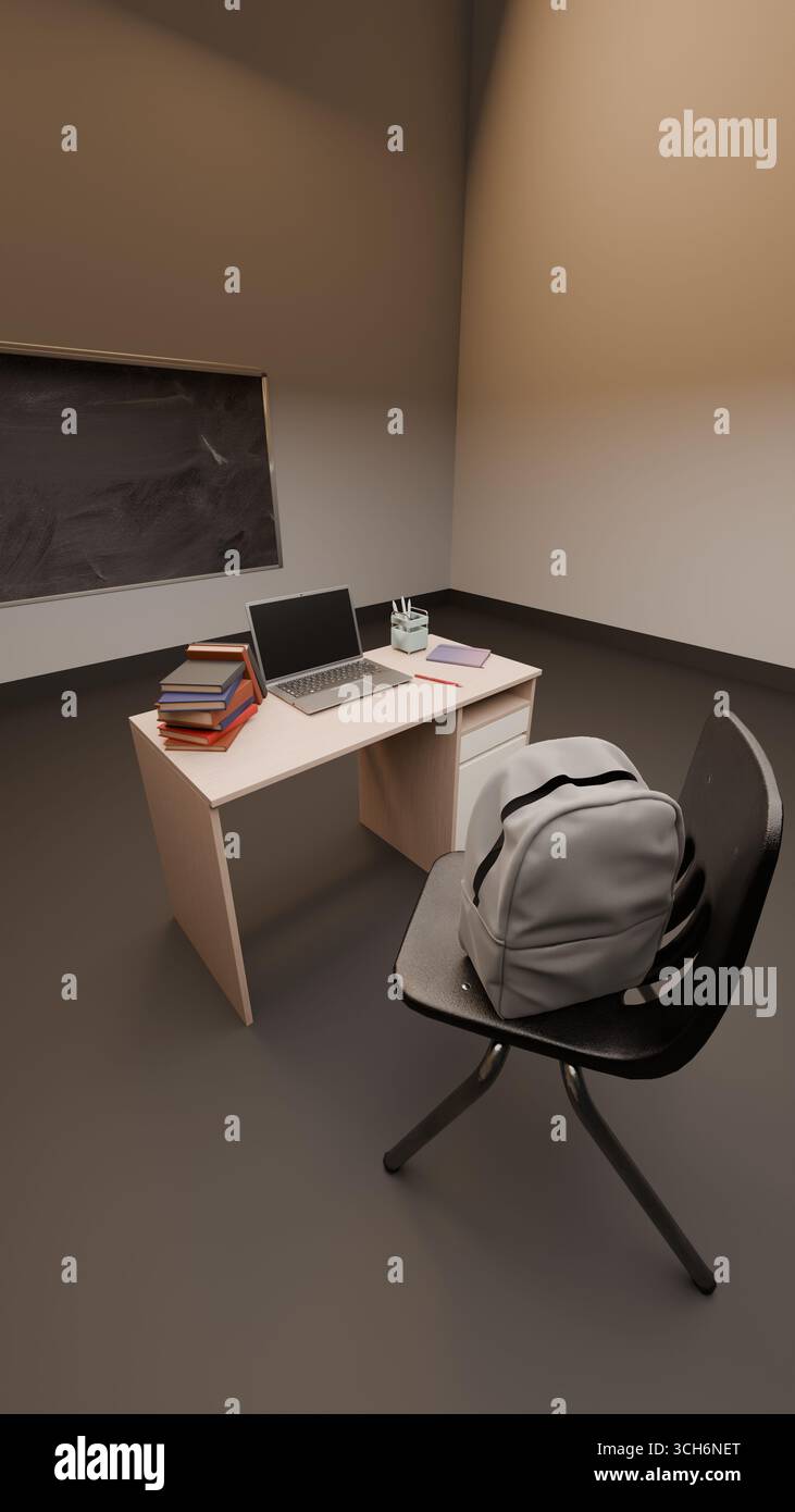 Classroom scene showing a study desk with a laptop, books, and gray ...