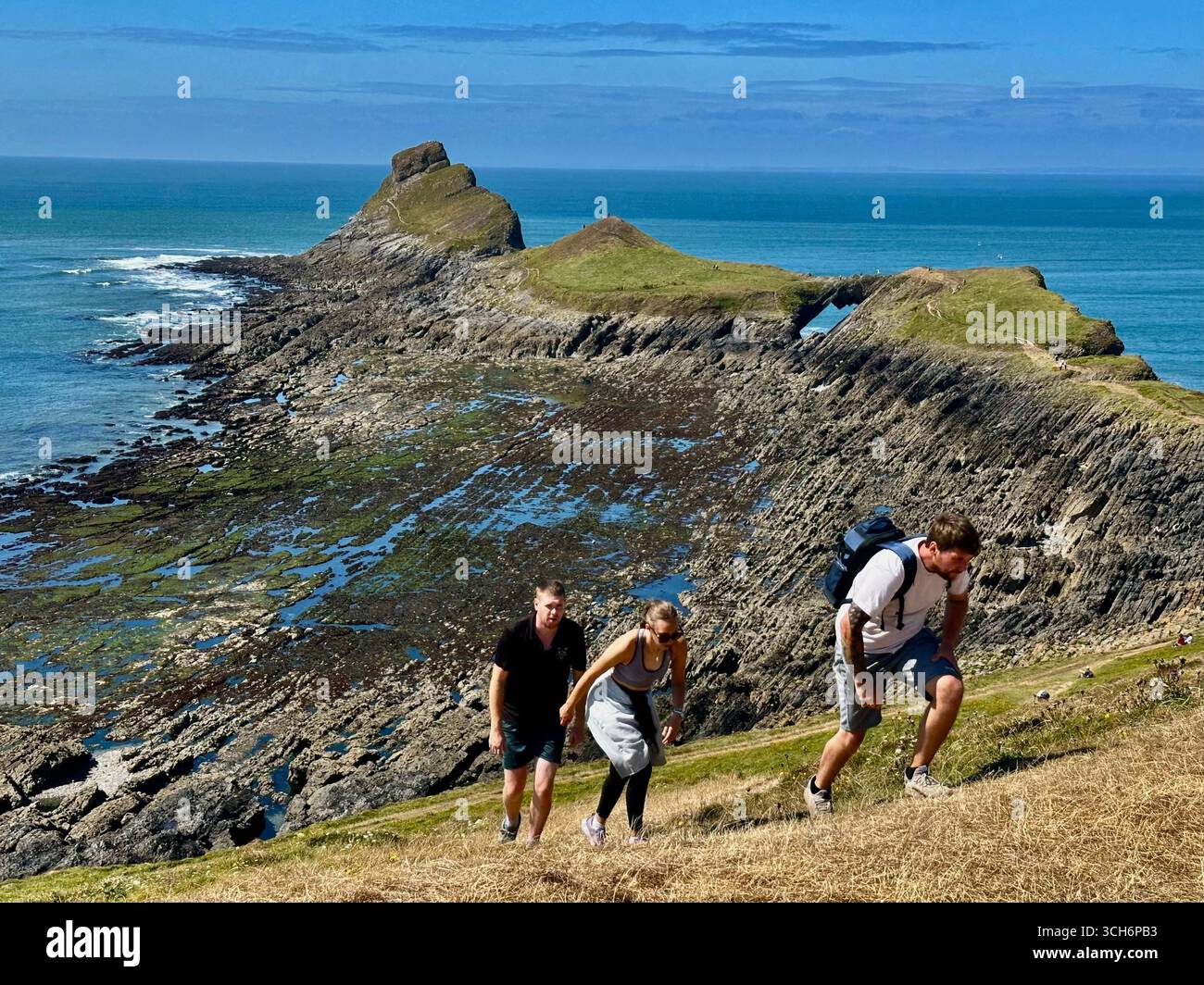 Hikers in front of the outer head of Worms Head - Smartphone Captured Stock Image