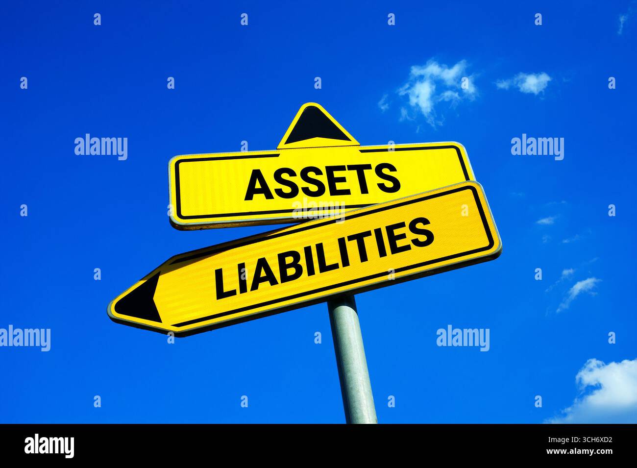 Asset vs Liability - Yellow traffic sign with two options - choosing and deciding between owning and having resource or debt and obligation. Balance s Stock Photo