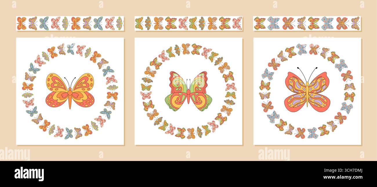Groovy Retro Butterfly Seamless Border Set Stock Vector