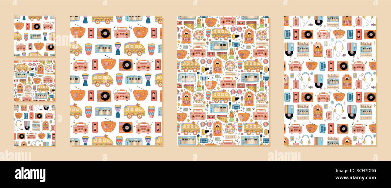 Groovy Retro Music Seamless Pattern Set Stock Vector