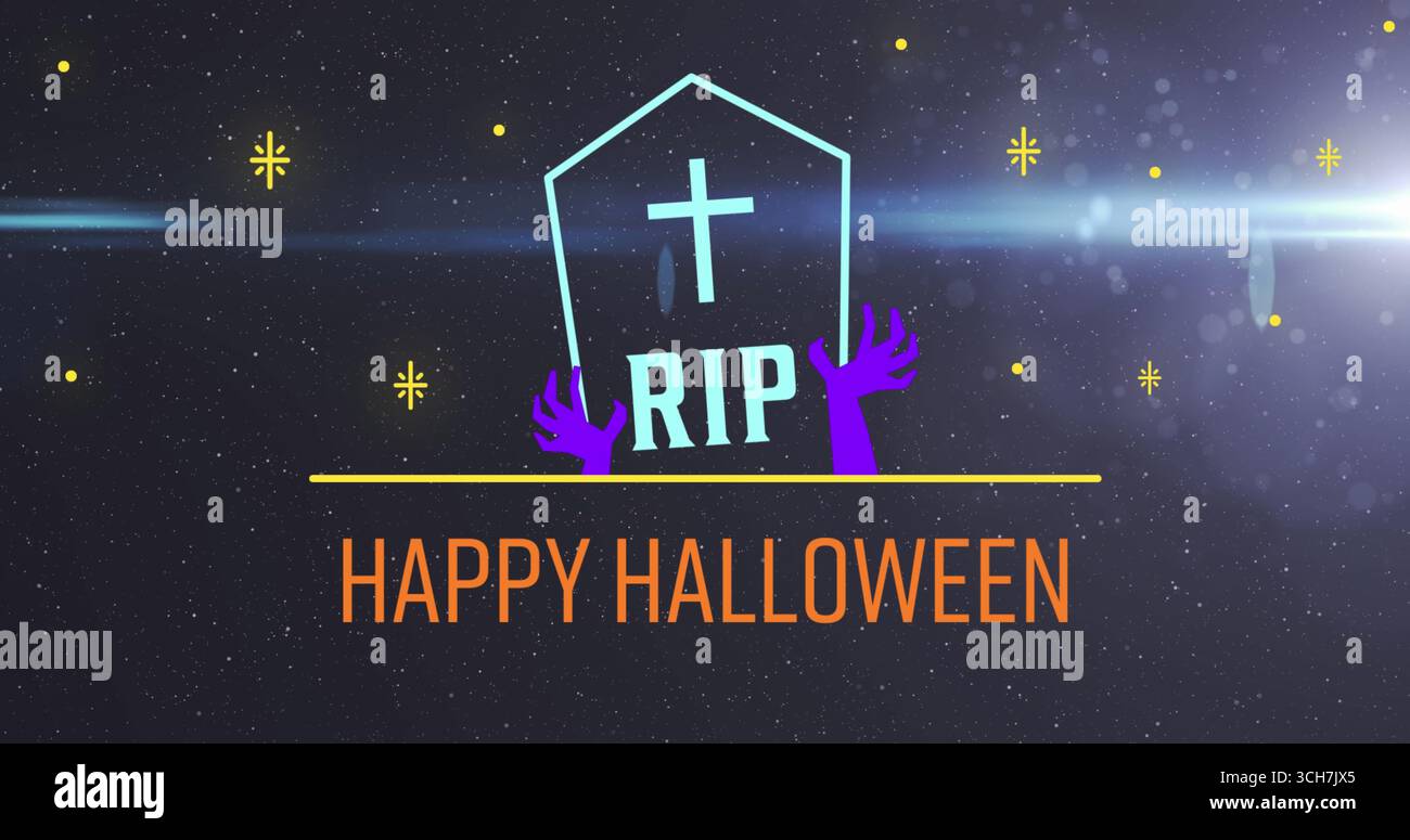 Image of happy halloween and rip text on tombstone with stars and full ...