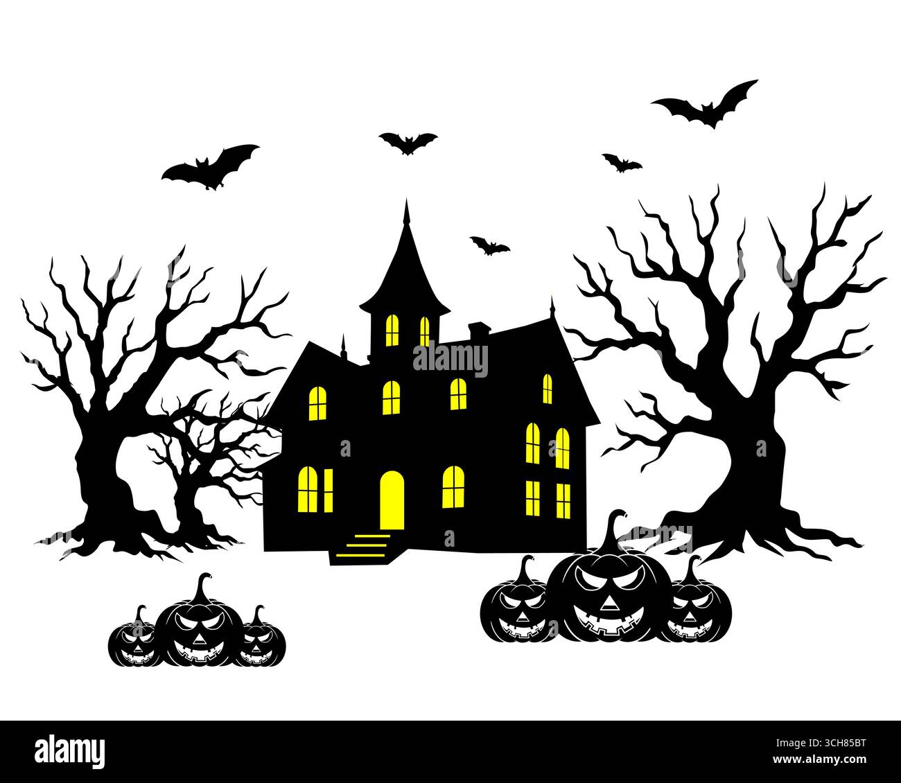 Spooky Halloween Haunted House Silhouette with Bats and Pumpkins Vector ...