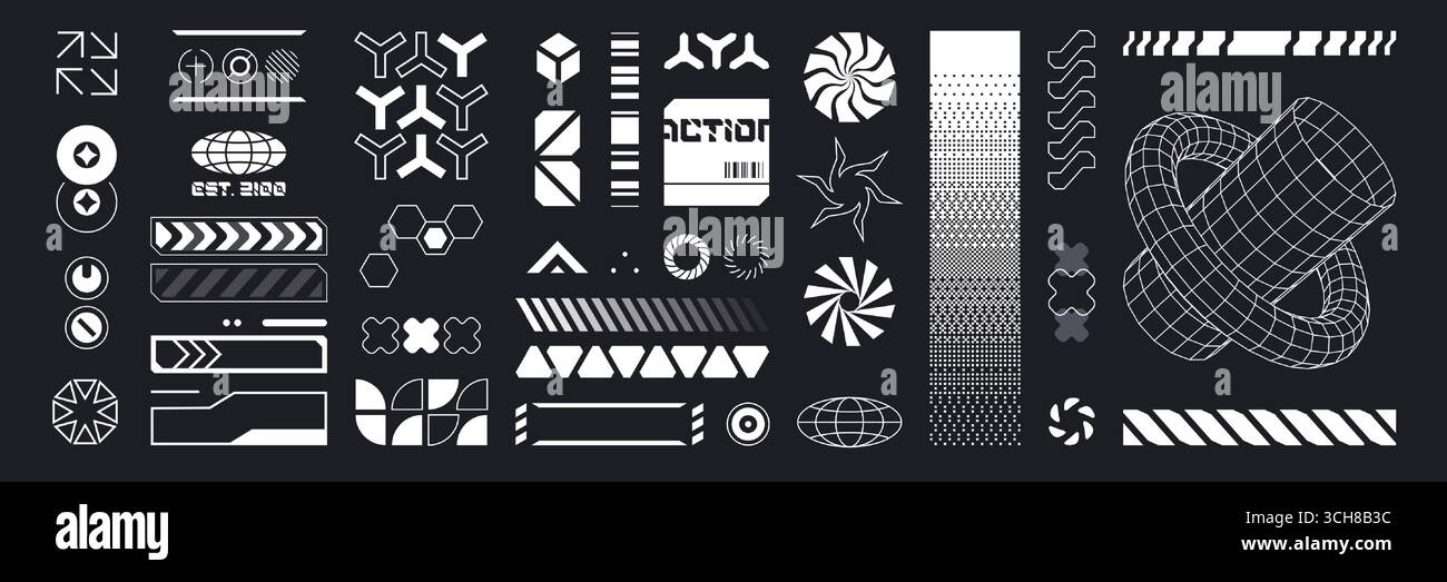 Cyberpunk hud interface elements - futuristic interface kit, white wireframe graphics with geometric shapes, digital patterns and tech symbols, globe icon for sci fi game ui or digital display design. Stock Vector