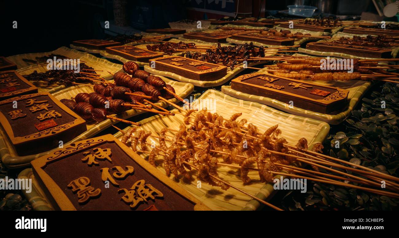 Chengdu, Sichuan, China. Various cooked insects thread on skewers. Insects on sticks at local Chinese market, close-up view. New Source Of Protein Stock Photo