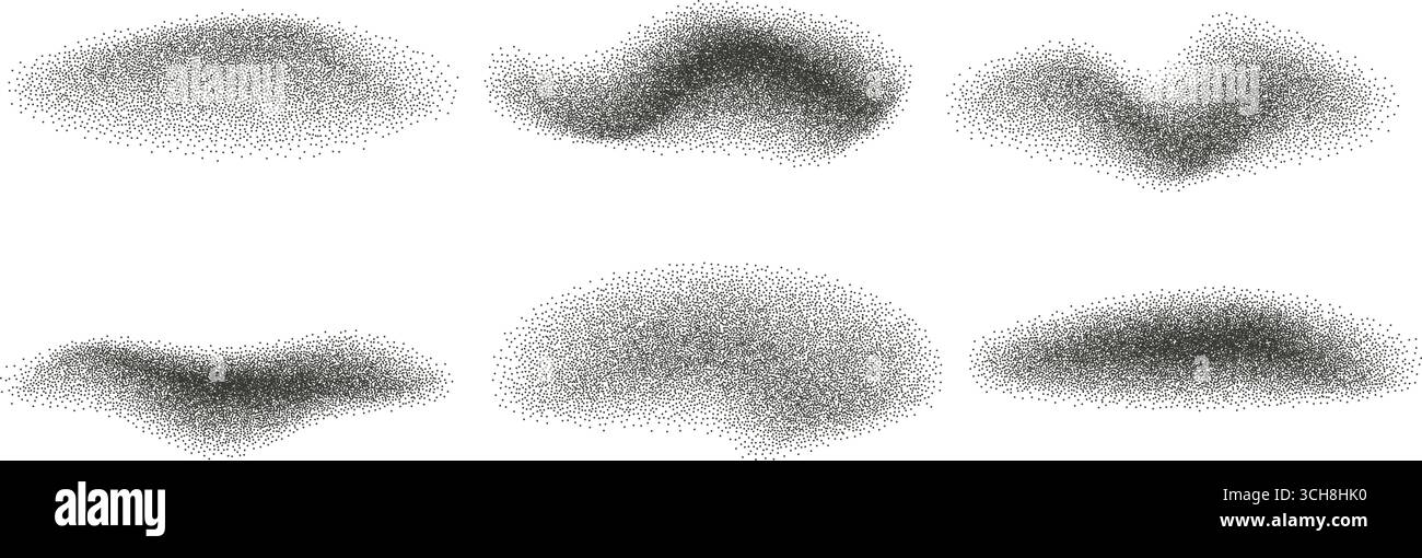 Charcoal noise gradient wave splashes. Abstract black dotwork grain textured elements. Stipple sand effect dynamic lines set. Fluid grain dots from is Stock Vector