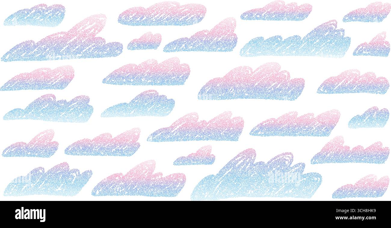 Hand drawn creamy gradient textured clouds set. Naive pink and blue shadow sky elements. Grain pastel textured weather figures. Dots gradient scribble Stock Vector