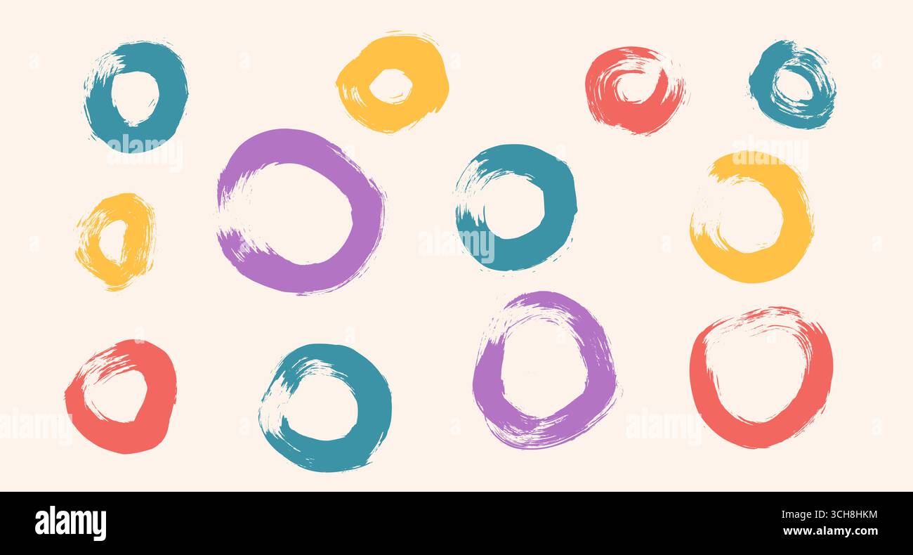 Circles brush set. Polka dots multi colors elements. Spray paint hand drawn round forms isolated on beige background. Grunge brush textured circular s Stock Vector