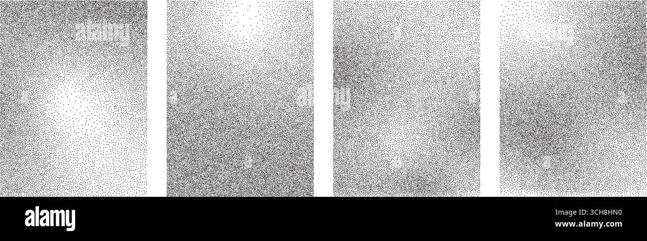 Noise gradient texture backgrounds set. Vector dotwork monochrome patterns collection. Abstract grain noise gradient posters. Black and white gradatio Stock Vector