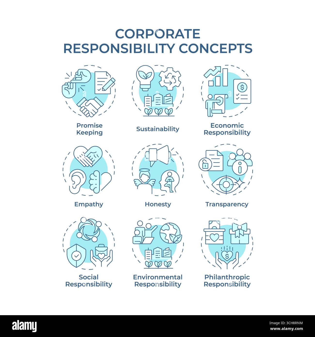 Corporate responsibility soft blue concept icons Stock Vector