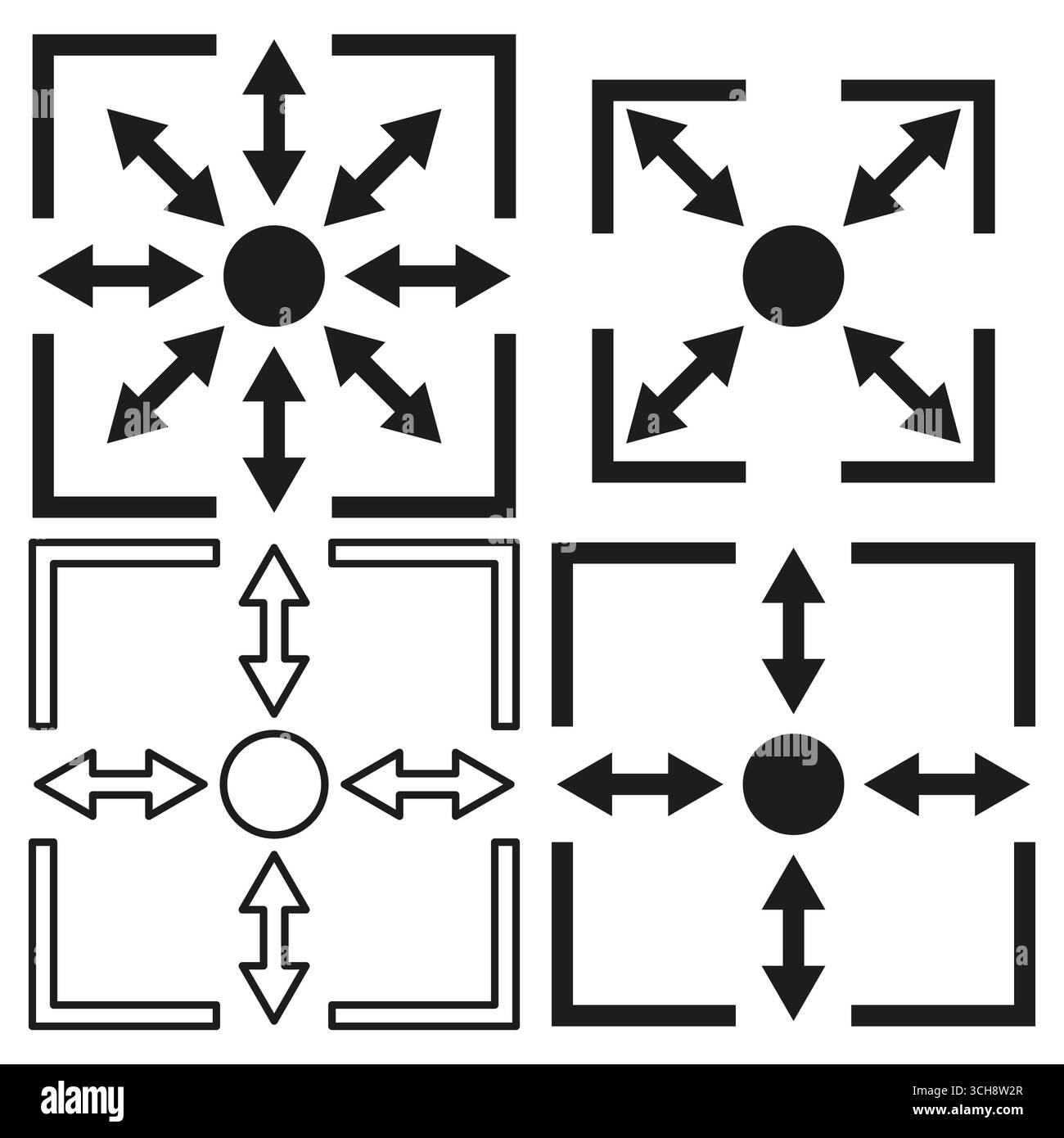 Expansion and contraction icons. Black vector graphic symbols ...