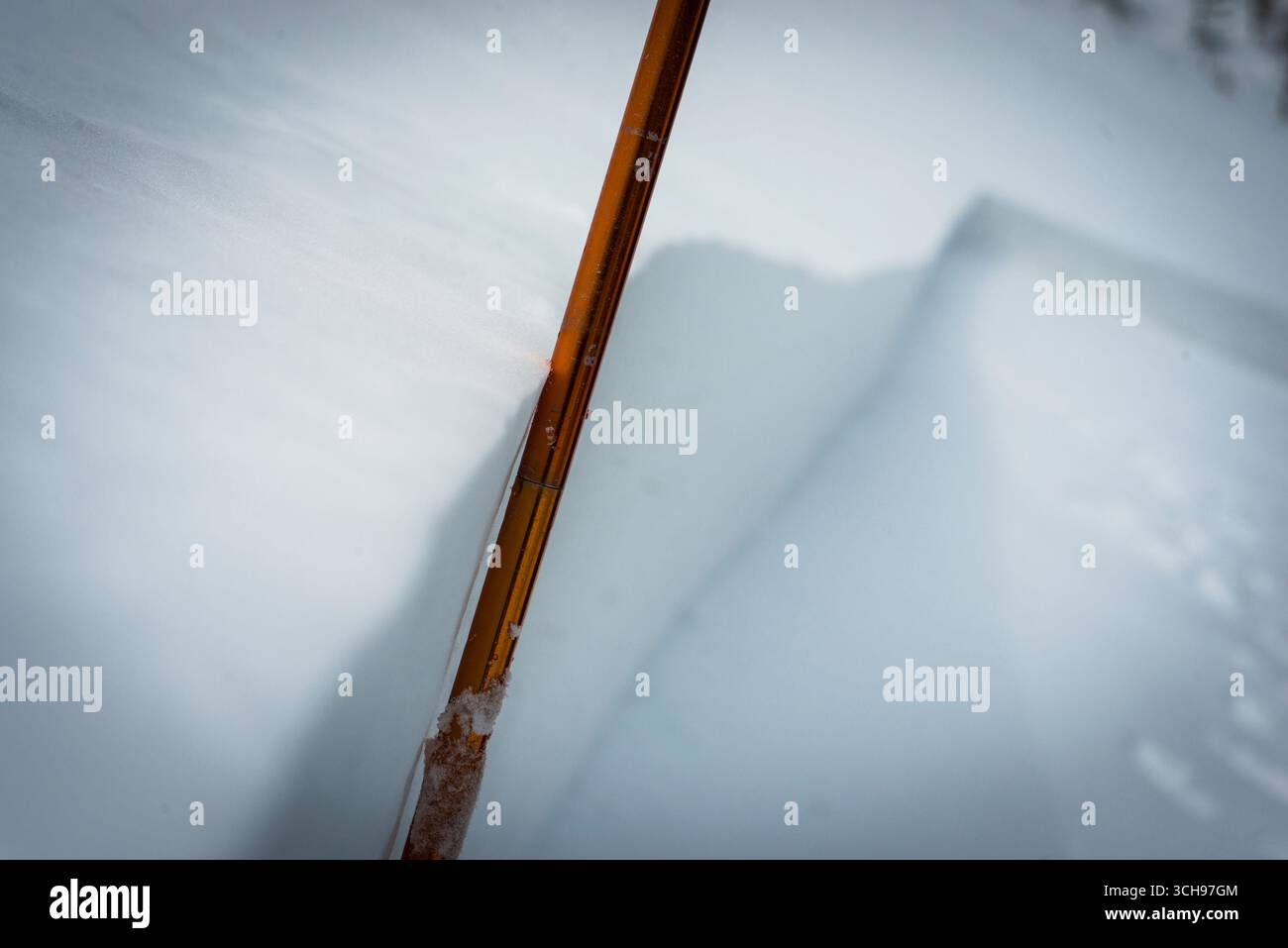An avalanche probe stuck next to a fresh avalanche crownline to measure the depth of the snow. Stock Photo