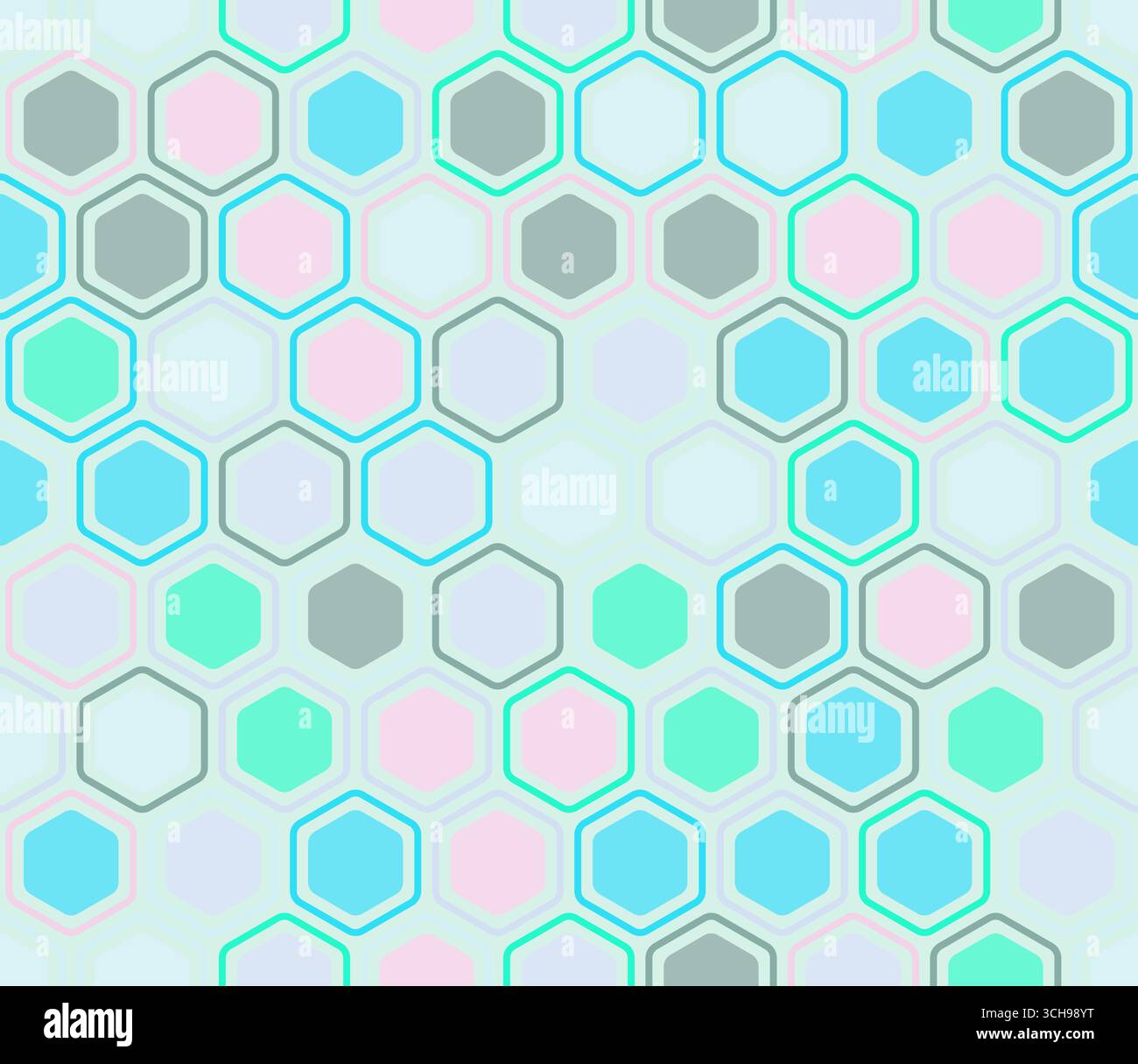 Seamless mosaic background. Bold rounded hexagons mosaic pattern with inner solid cells. Hexagonal cells. Multiple tones color palette. Stock Vector