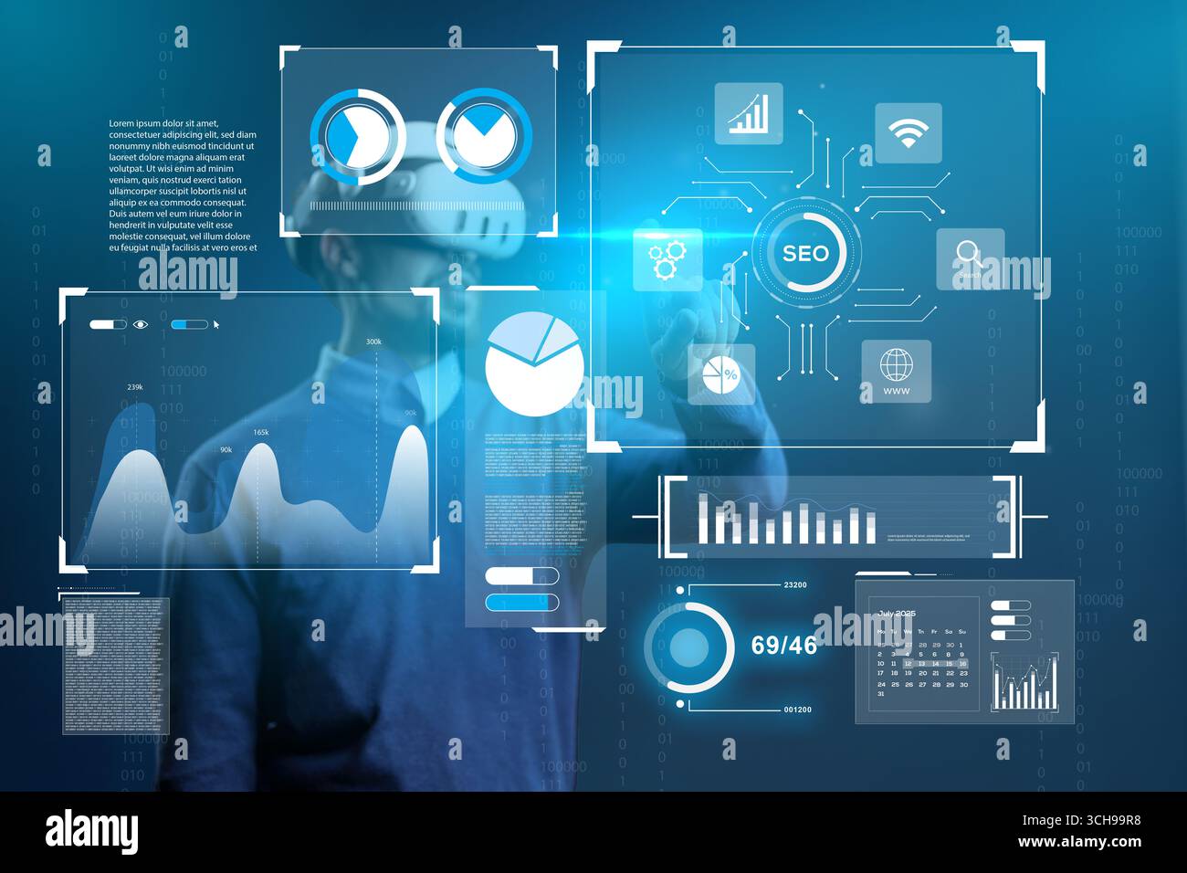 Virtual reality user interacts with data analytics and digital marketing graphics in futuristic setting Stock Photo