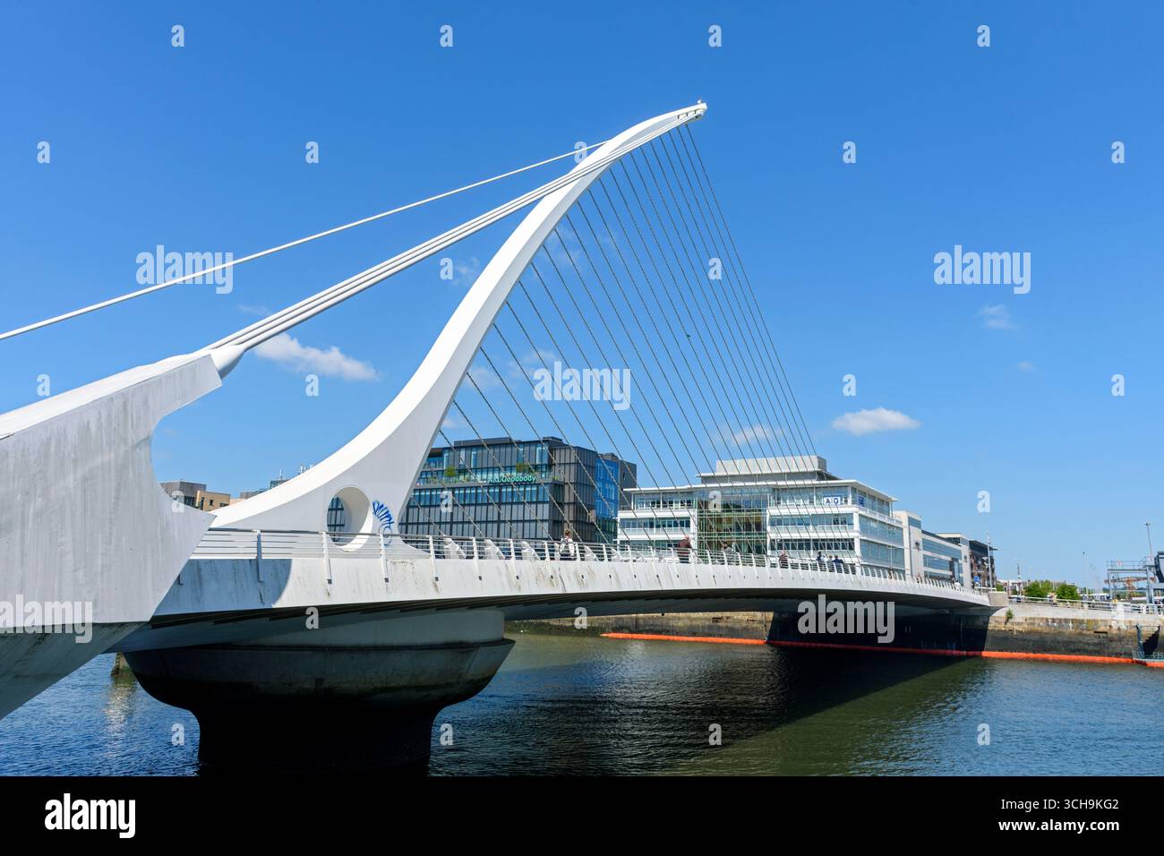 The Samuel Beckett bridge, over the river Liffey, Dublin, Ireland.  A cable-stayed swing bridge designed by Santiago Calatrava and opened in 2009. Stock Photo