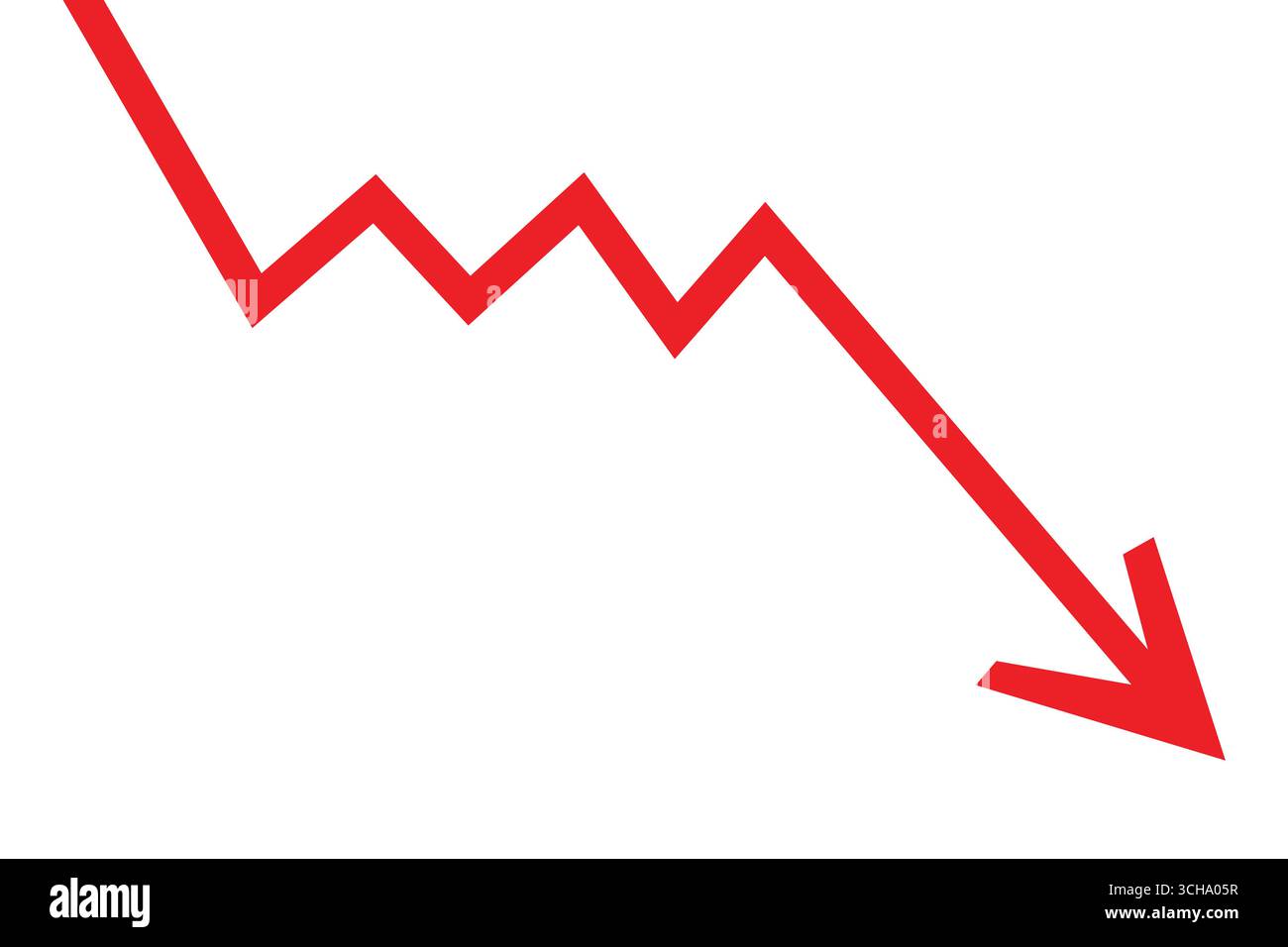 Downward arrow chart symbolizing decline, loss, decrease, or business financial crisis, down trend red zigzag arrow chart graph representing loss Stock Vector