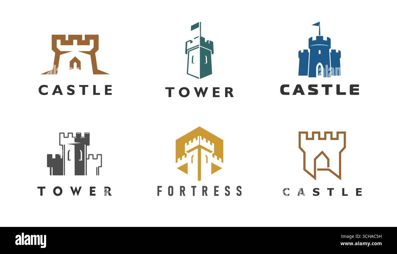 Medieval castle tower icons with vector old buildings of fortress ...