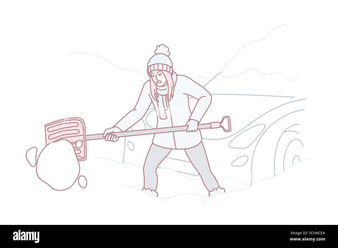 Unhappy tired woman with shovel dig out car from snow on winter morning.  Mad female clean automobile covered with snow after blizzard. Stormy  weather condition. Vector illustration Stock Vector Image \u0026 Art -, image size:1300x956