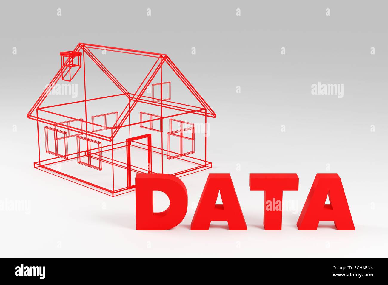 Luxury red inscription data on grey podium, soft light, front view smooth background, 3d rendering Stock Photo