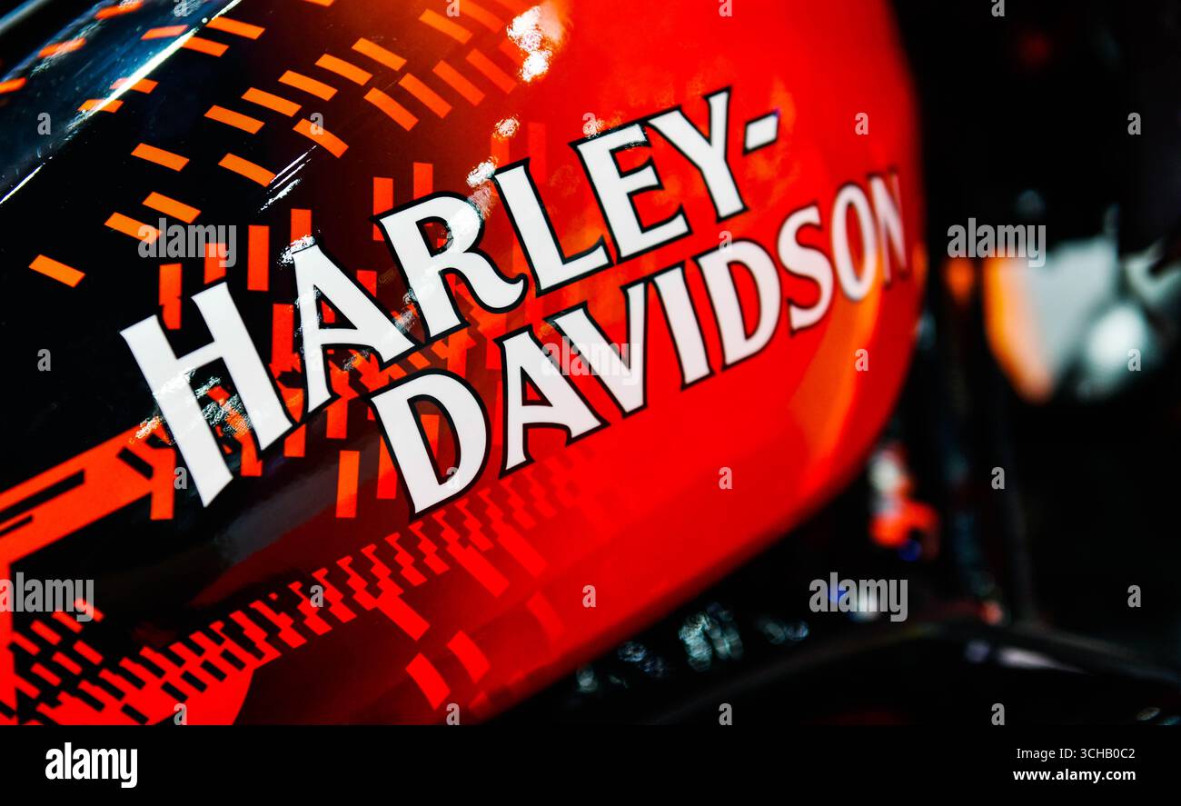 BANGKOK, THAILAND - August 30,2025 : Close up Harley Davidson logo on the gas tank at  Bangkok Auto Salon BITEC Bangna Stock Photo