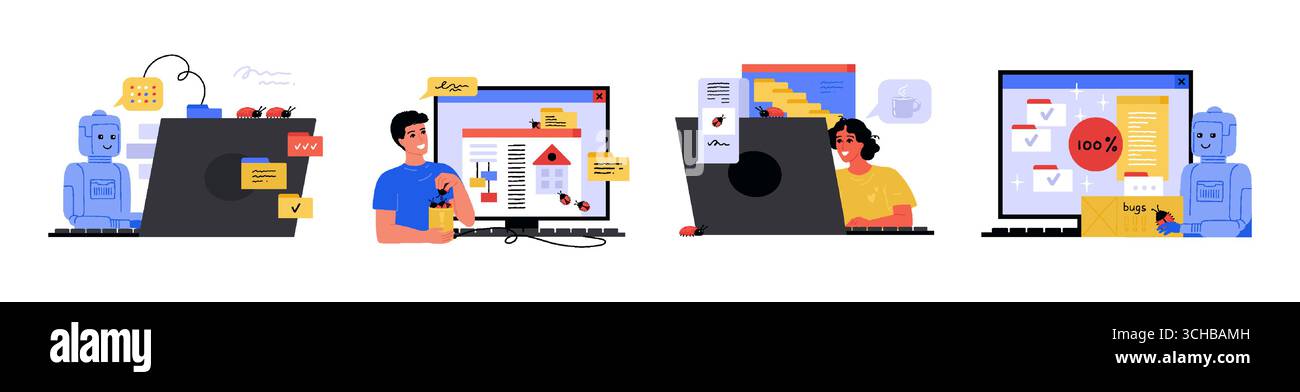 System bugs. QA software automation. Website error test or devops programming source. Security web report. Artificial intelligence robot at computer. Automated malware analysis. Vector concepts set Stock Vector