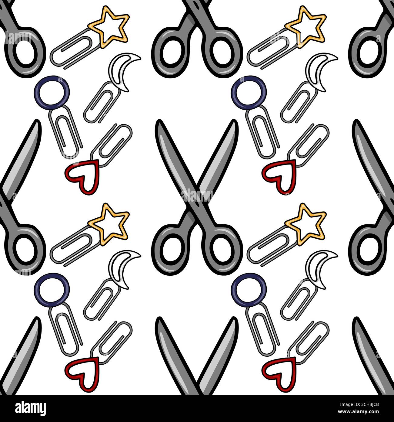 Seamless vector pattern featuring playful stationery items like scissors, paperclips adorned with hearts, stars, and moons, creating a cheerful and wh Stock Vector