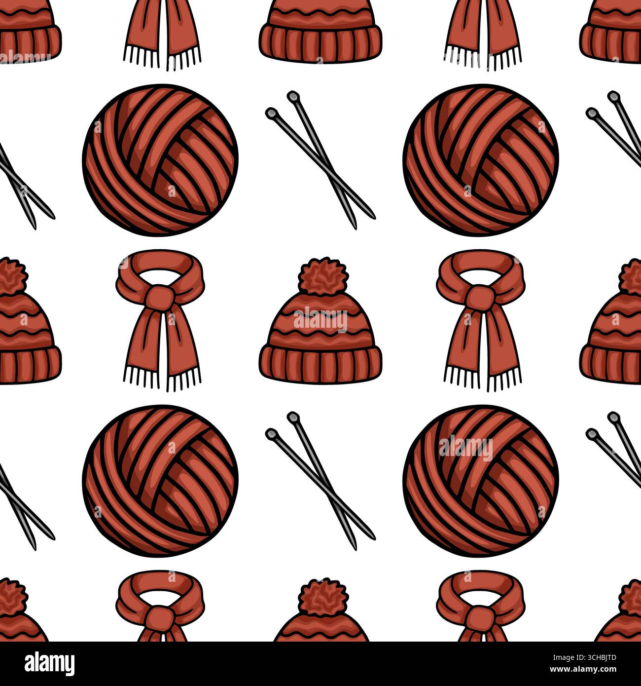 Seamless vector pattern of hand-drawn winter accessories: cozy knitted hats, warm scarves, yarn balls, and knitting needles in terracotta hues, creati Stock Vector