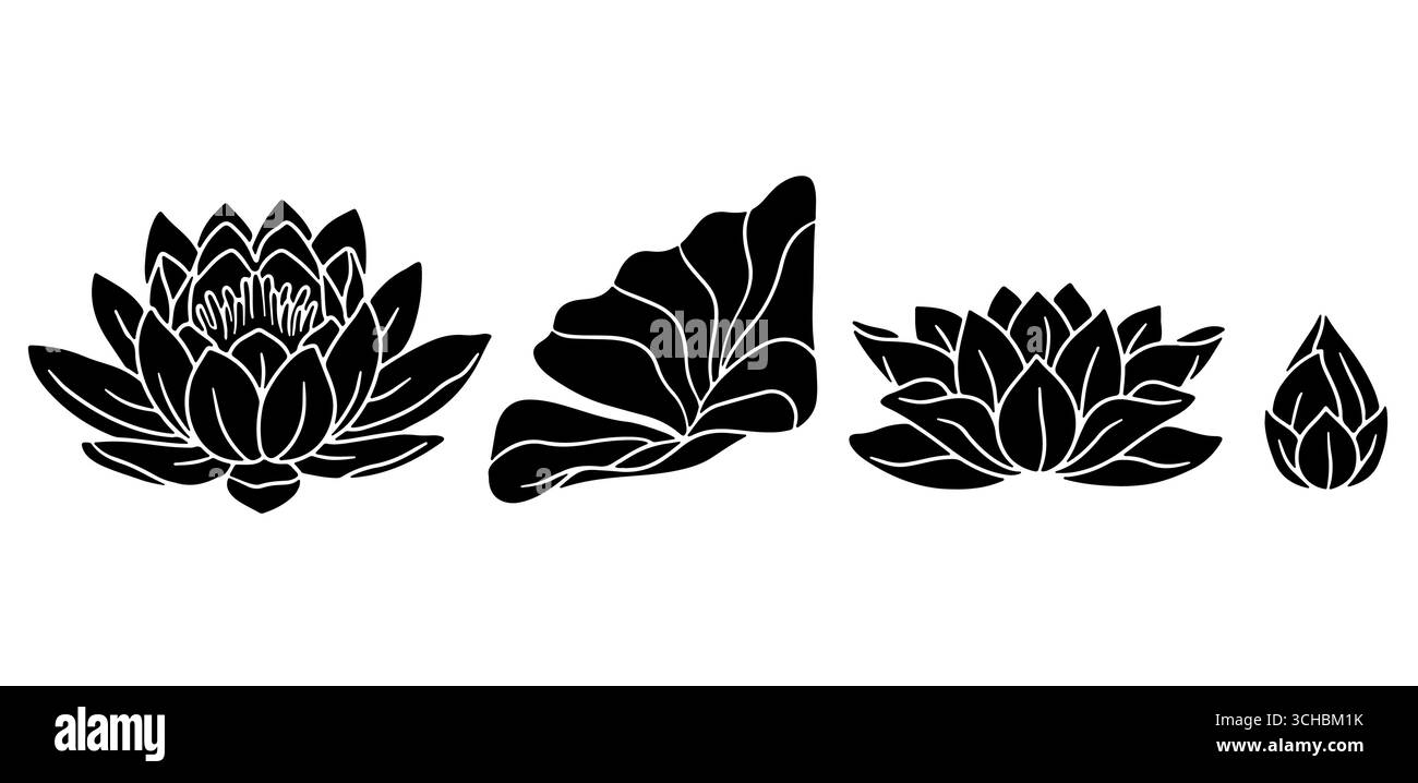 Hand drawn lotus flowers black silhouette vector illustrations set ...