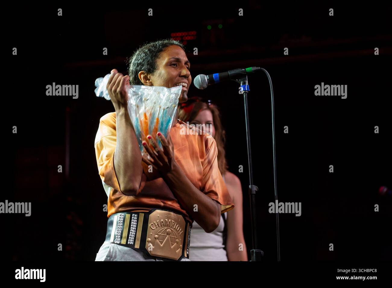 Dionne Foster performs a routine as Dwayne 'The Rock' Johnson during 'Candidate Survivor' at Neumos in Seattle on Thursday, July 24, 2025. At the annu Stock Photo