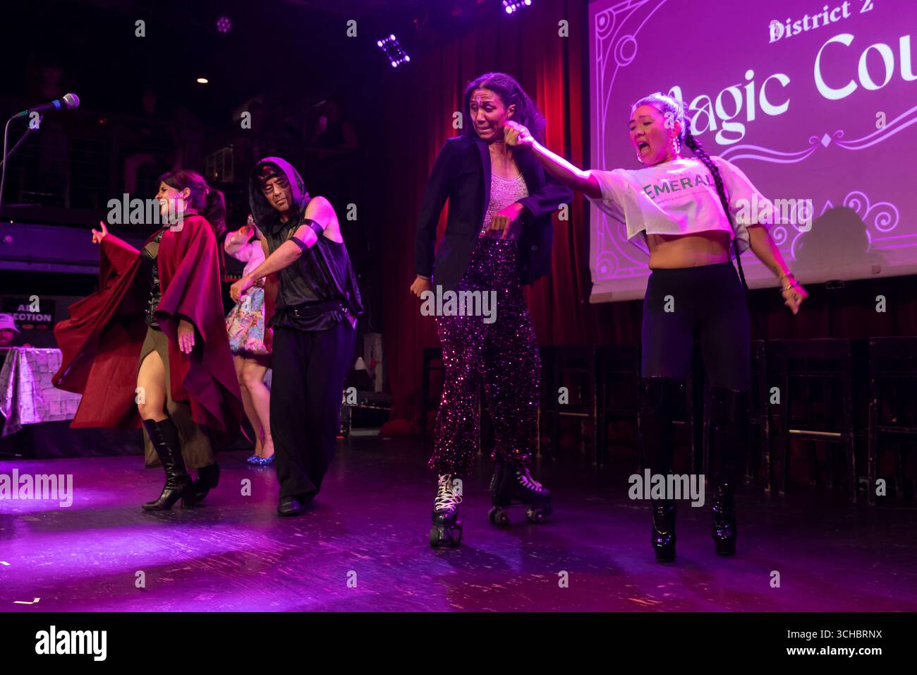 Candidates (r to l) Jeanie Chunn, Dionne Foster, Eddie Lin  and Alexis Mercedes Rinck perform in a lip sync battle during 'Candidate Survivor' at Neum Stock Photo