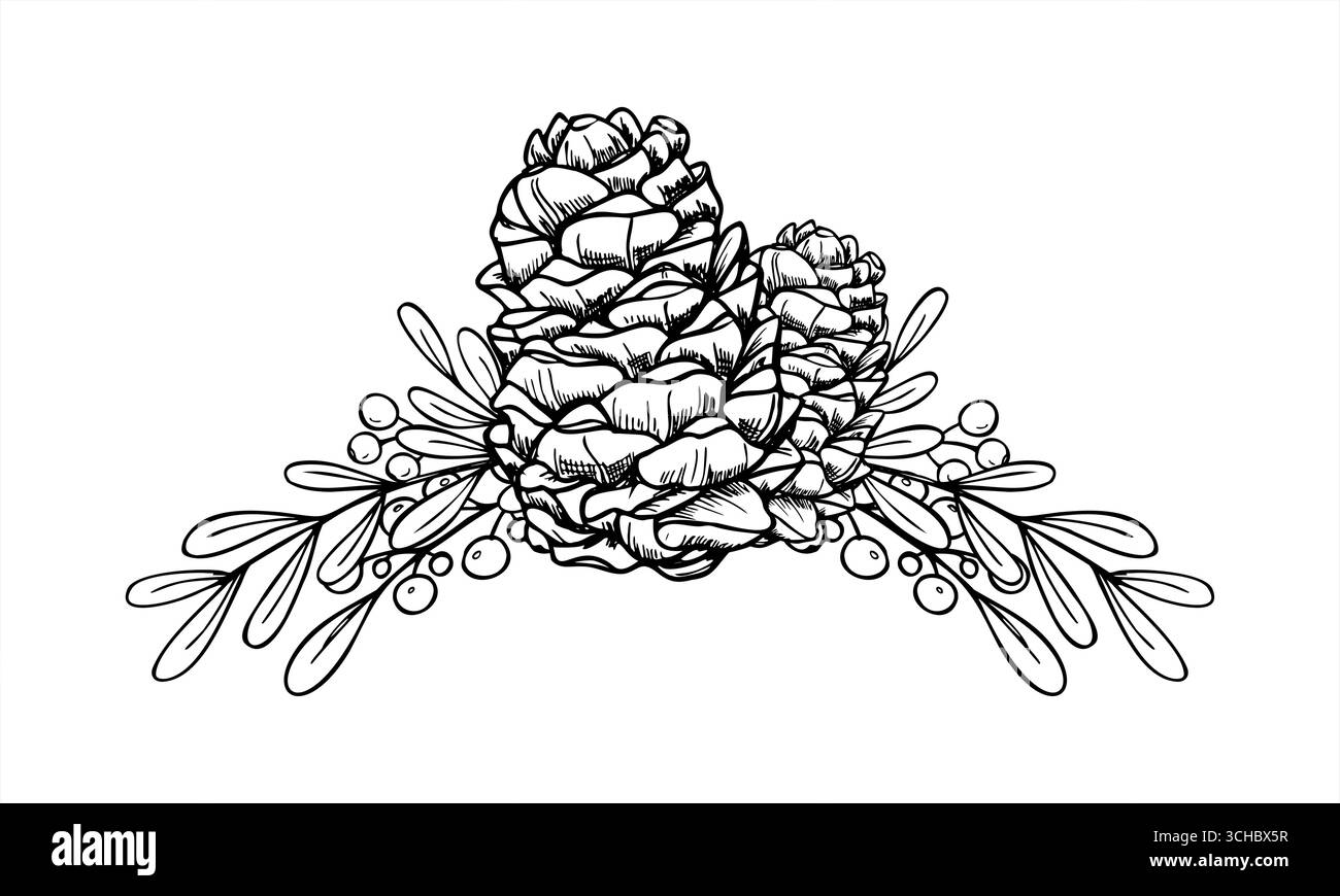 Pinecone and decorative evergreen branches with berries monochrome vector illustration painted by black inks. Etching drawing of Christmas composition Stock Vector