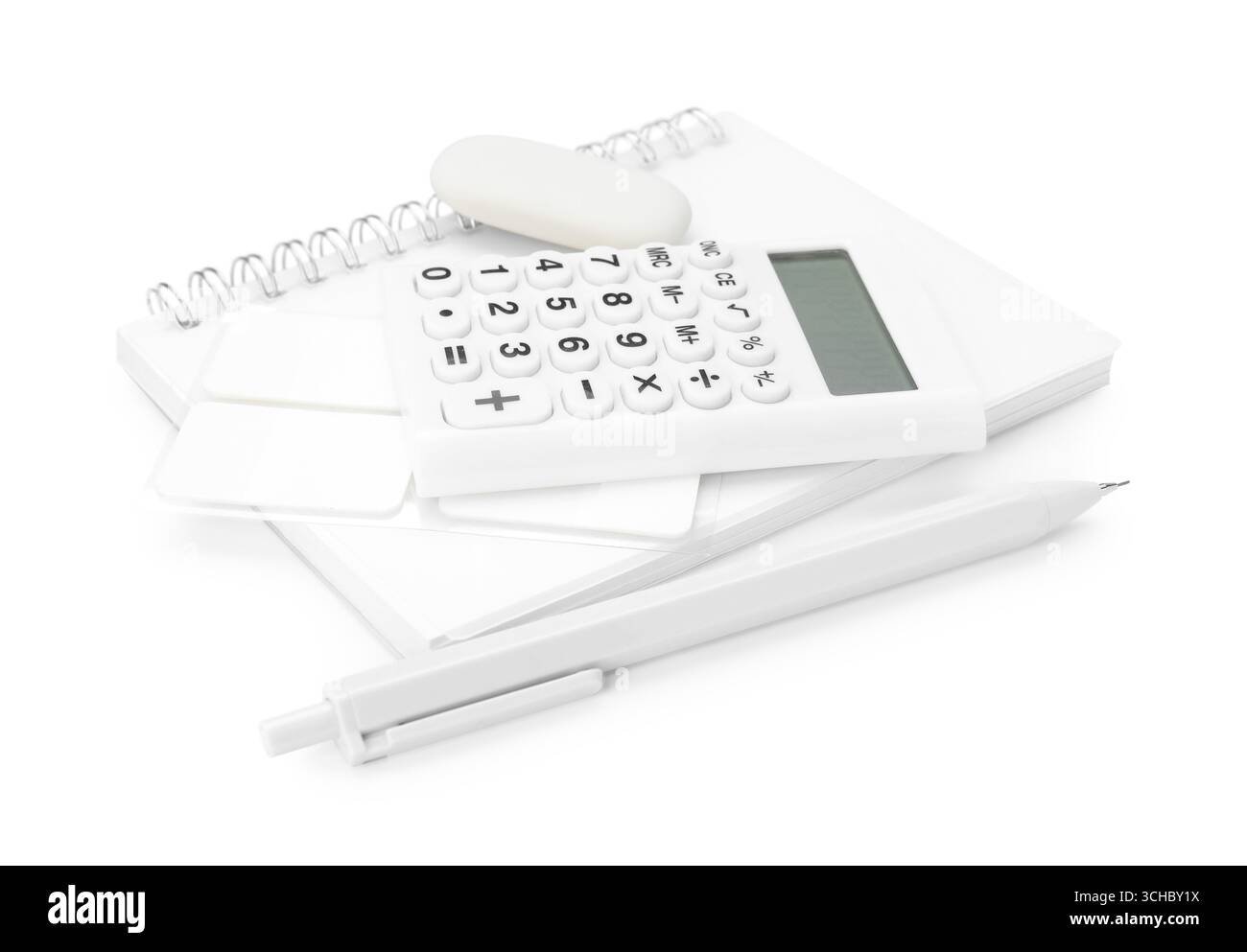 Different stationery and calculator isolated on white Stock Photo