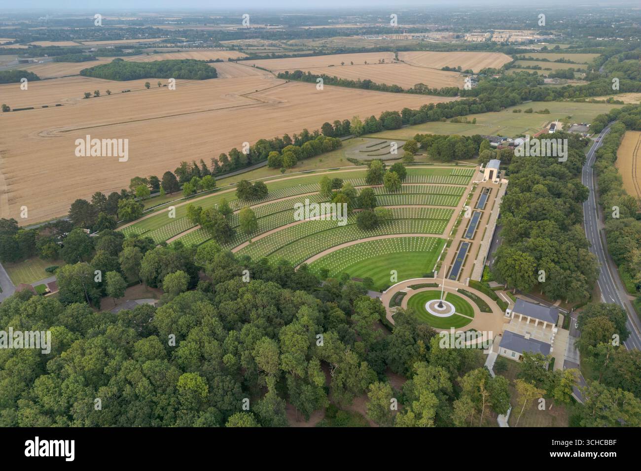 Aerial view of the Cambridge American Cemetery, Madingly Road, Cambridge, England. Stock Photo