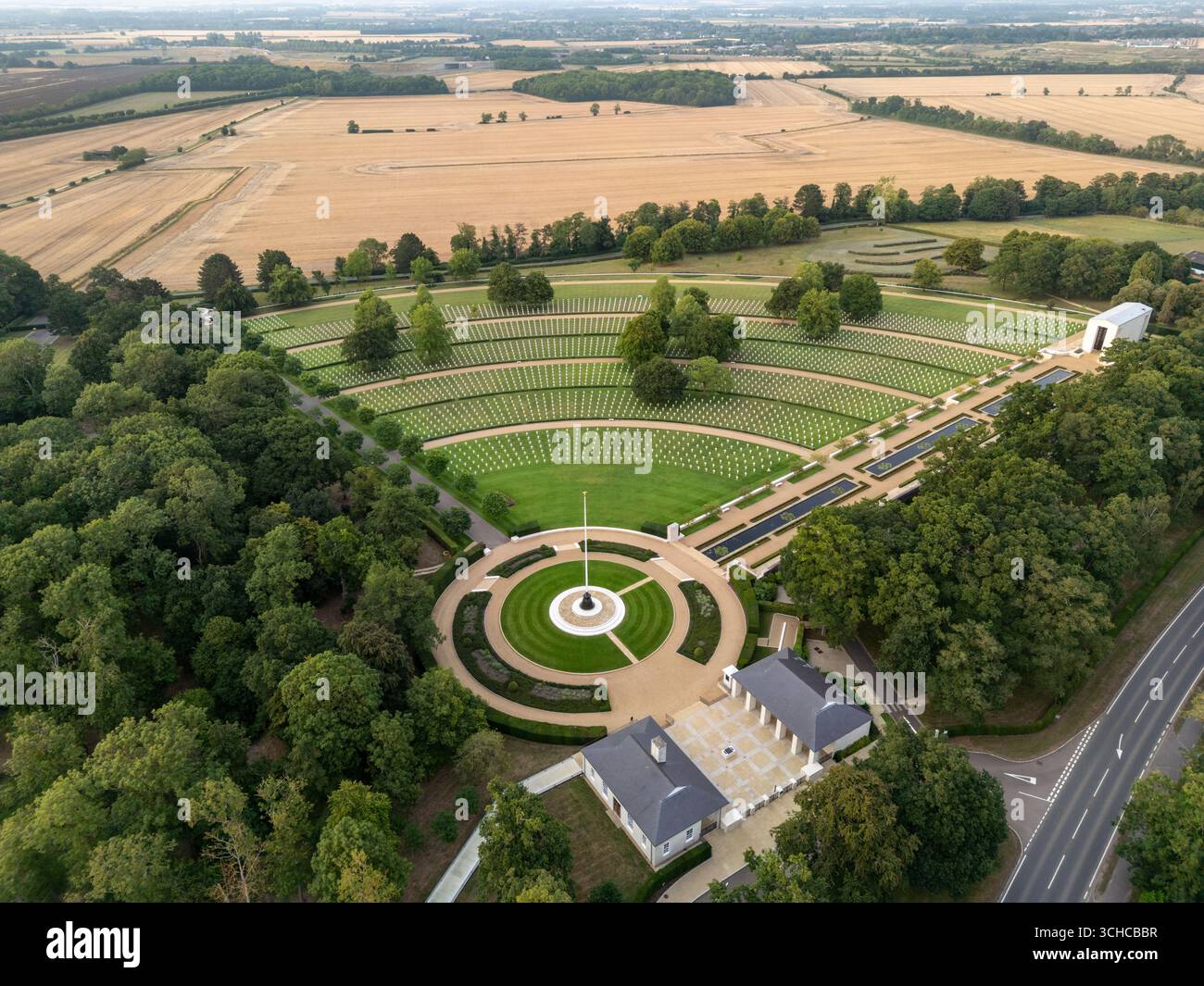 Aerial view of the Cambridge American Cemetery, Madingly Road, Cambridge, England. Stock Photo
