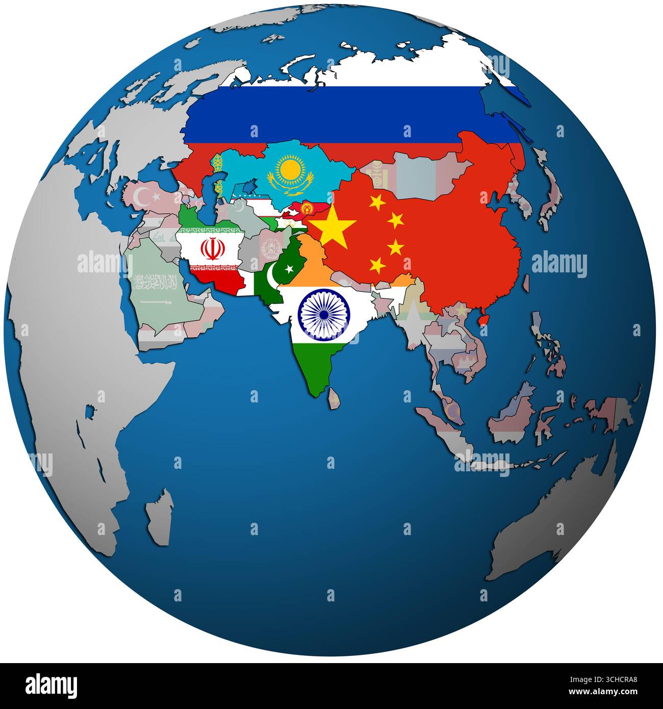 World Map Coperation National flags of member countries of Shanghai Cooperation Organisation ...