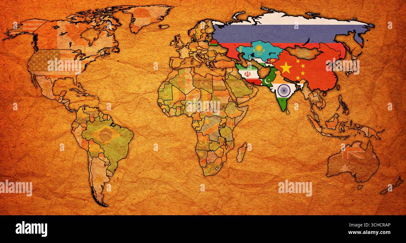 World Map Coperation Shanghai Cooperation Organisation member coutries flag on old vintage ...